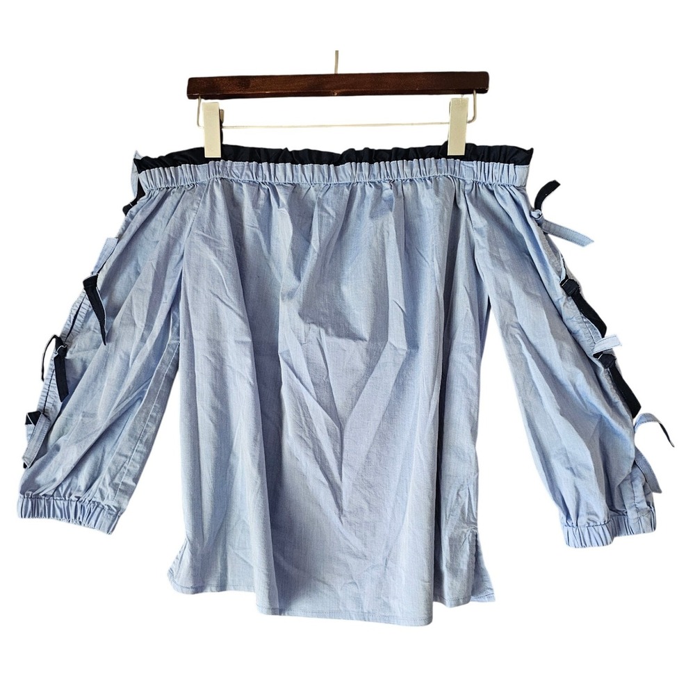 New York & Company Off Shoulder Blouse Top Womens Medium Blue‎ Tie Long Sleeve M